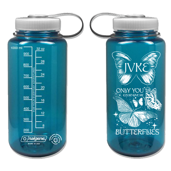 Two blue 32 oz JVKE Nalgene water bottles: one with measurement markings, the other with white butterflies and “JVKE Only you could give me butterflies”—ideal for butterfly or Nalgene fans.