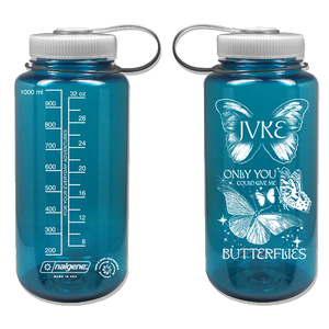 Two blue 32 oz JVKE Nalgene water bottles: one with measurement markings, the other with white butterflies and “JVKE Only you could give me butterflies”—ideal for butterfly or Nalgene fans.