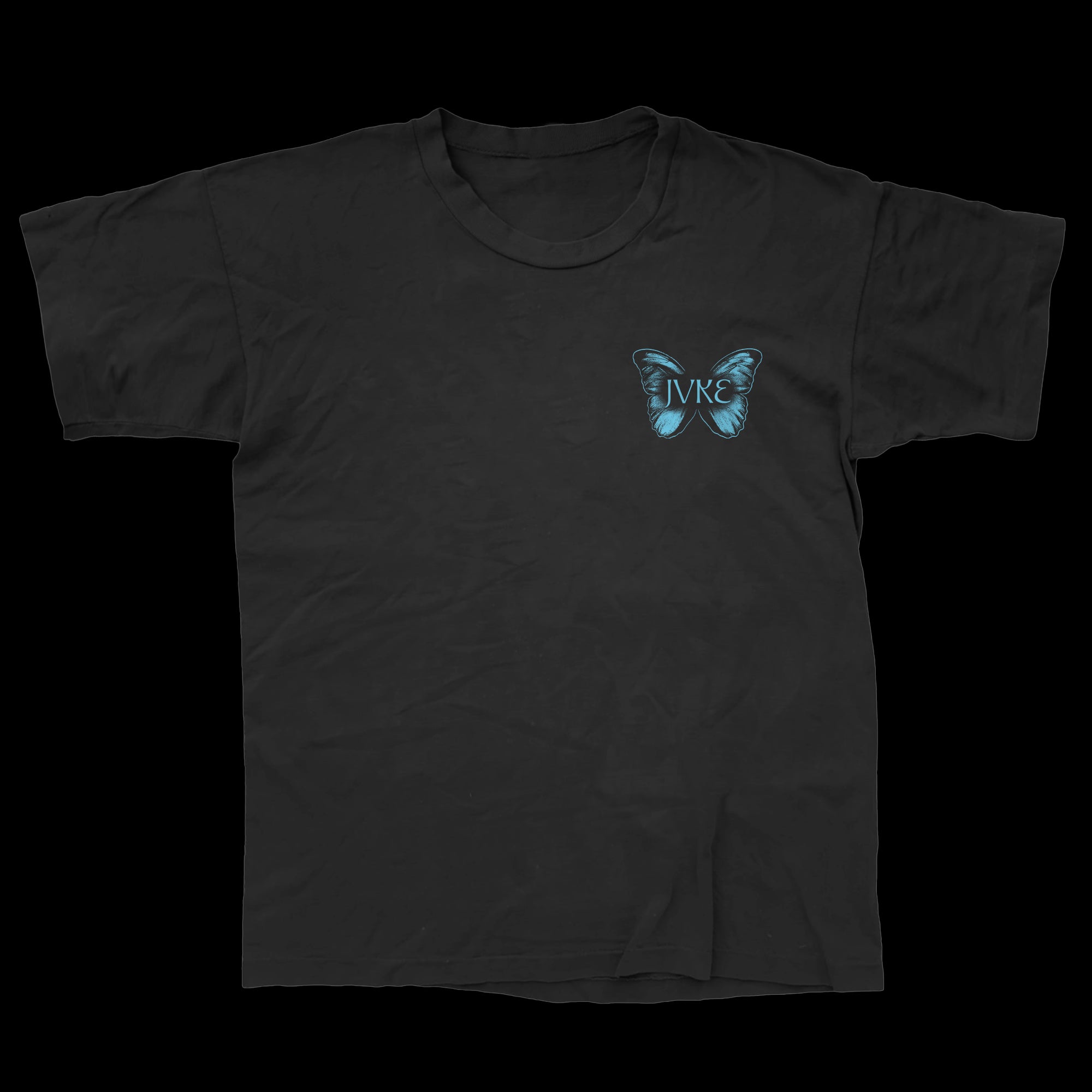 JVKE black Comfort Colors t-shirt with a blue butterfly graphic and JVKE lettering on the left chest.