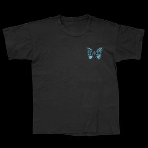 JVKE black Comfort Colors t-shirt with a blue butterfly graphic and JVKE lettering on the left chest.