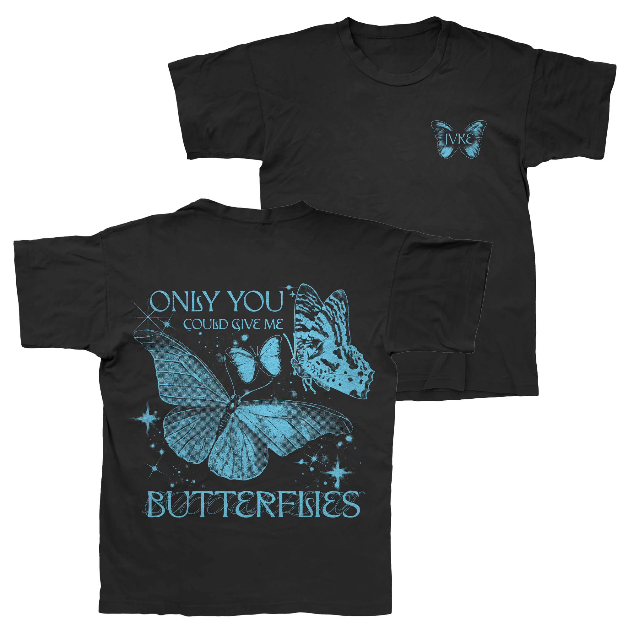 JVKE Black Comfort Colors T-shirt with blue butterflies—front has a small butterfly and INK text; back features large butterflies, stars, and “ONLY YOU COULD GIVE ME BUTTERFLIES” on premium printed fabric.