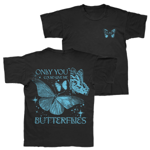 JVKE Black Comfort Colors T-shirt with blue butterflies—front has a small butterfly and INK text; back features large butterflies, stars, and “ONLY YOU COULD GIVE ME BUTTERFLIES” on premium printed fabric.