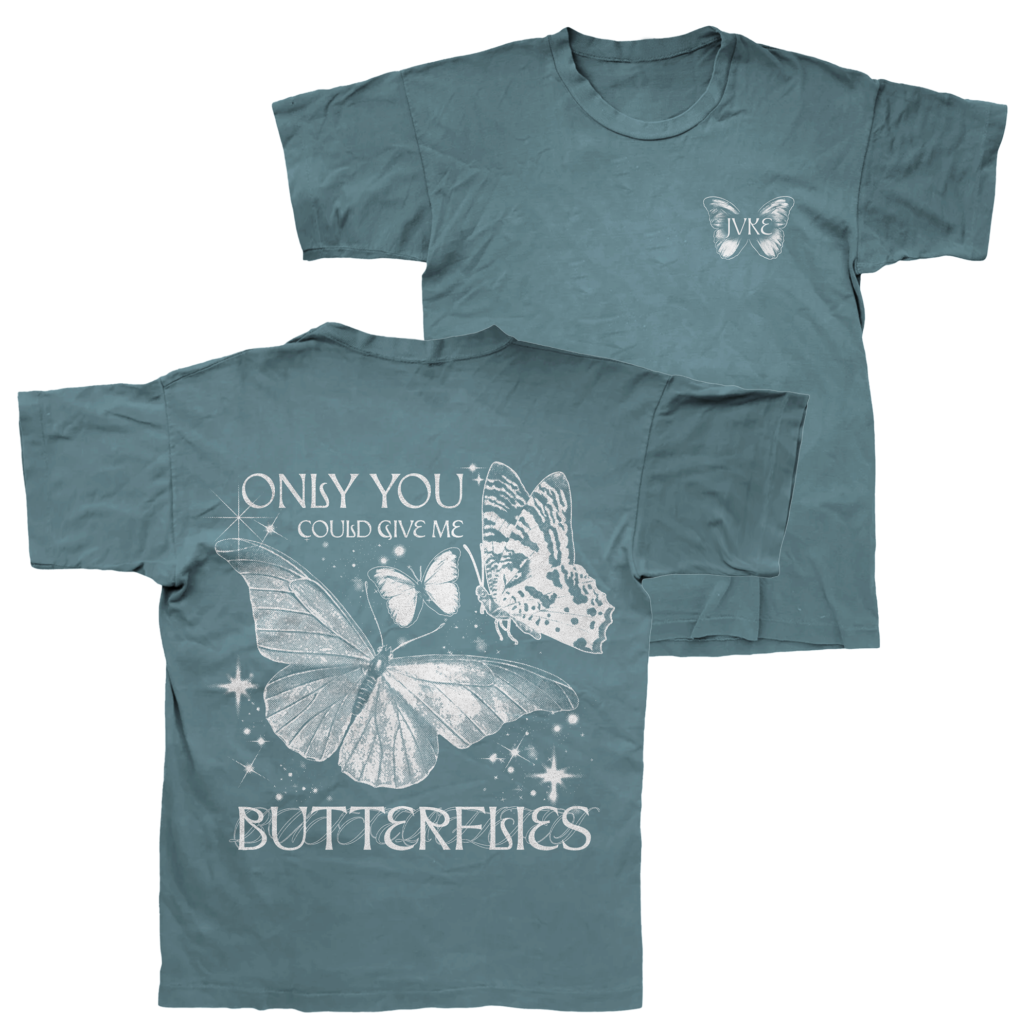 JVKE blue comfort colors t-shirt with butterfly graphic and INK on the front. The back features large butterflies, white text ONLY YOU COULD GIVE ME BUTTERFLIES, stars, and sparkles—ideal for unique style fans.