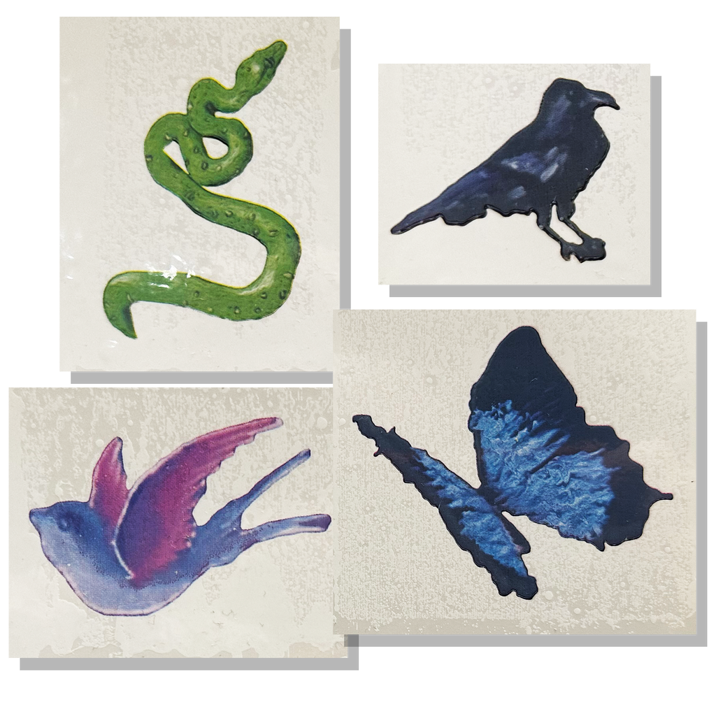 JVKE offers four watercolor-style illustrations—a green snake, black crow, blue butterfly, and blue-purple swallow—on white panels arranged in a collage with shadow effects. Perfect as unique temporary tattoos or stylish body art accessories.
