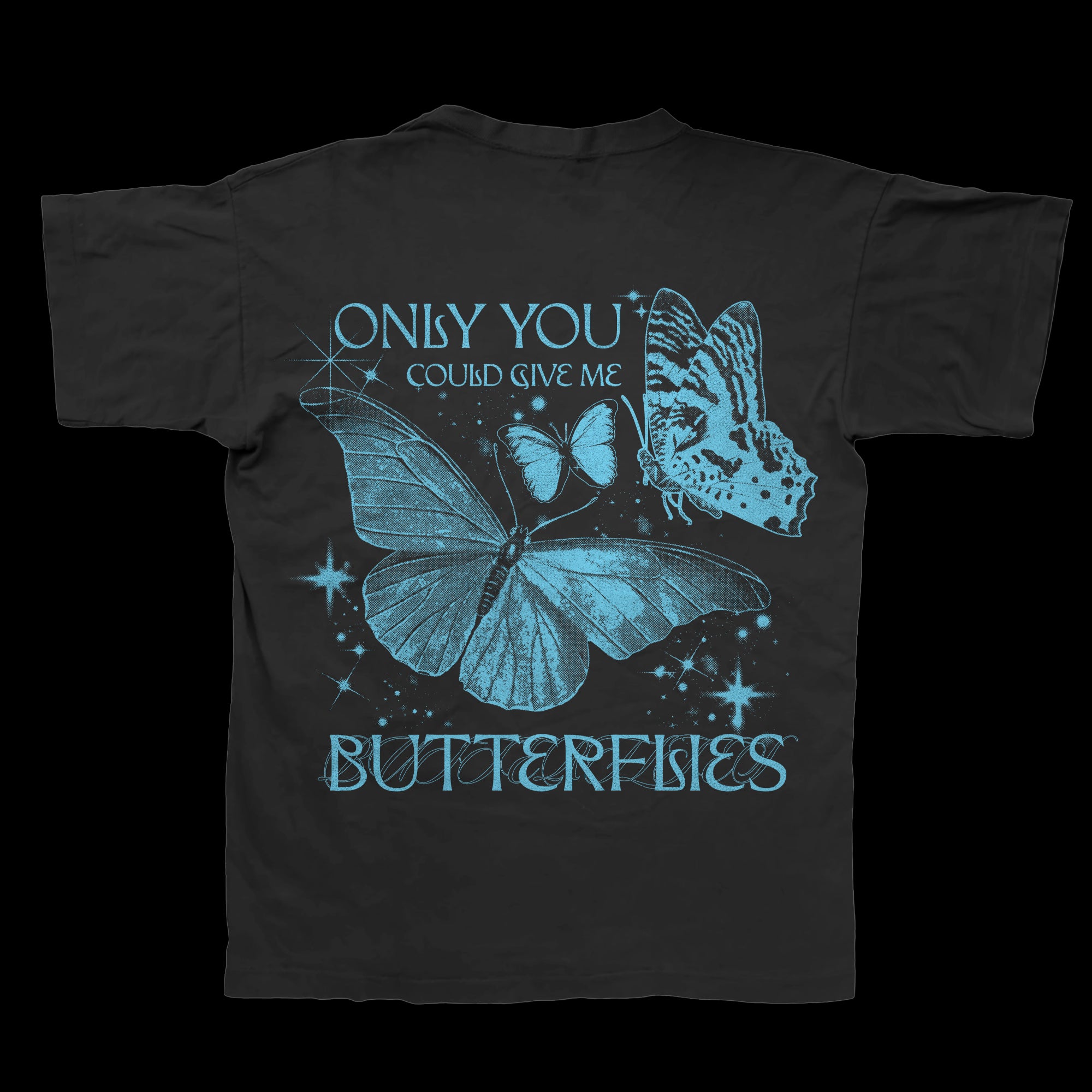 JVKE Black Comfort Colors T-shirt with a bold blue graphic of three butterflies, sparkling stars, and ONLY YOU COULD GIVE ME BUTTERFLIES in stylized text.