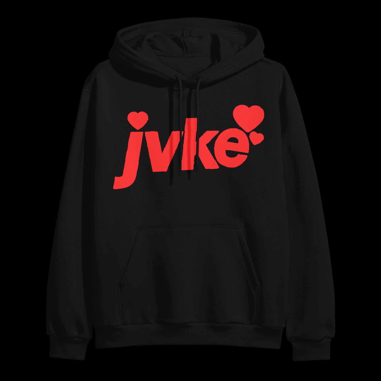 image of a black pullover hoodie. front has red print that says JVKE with hearts