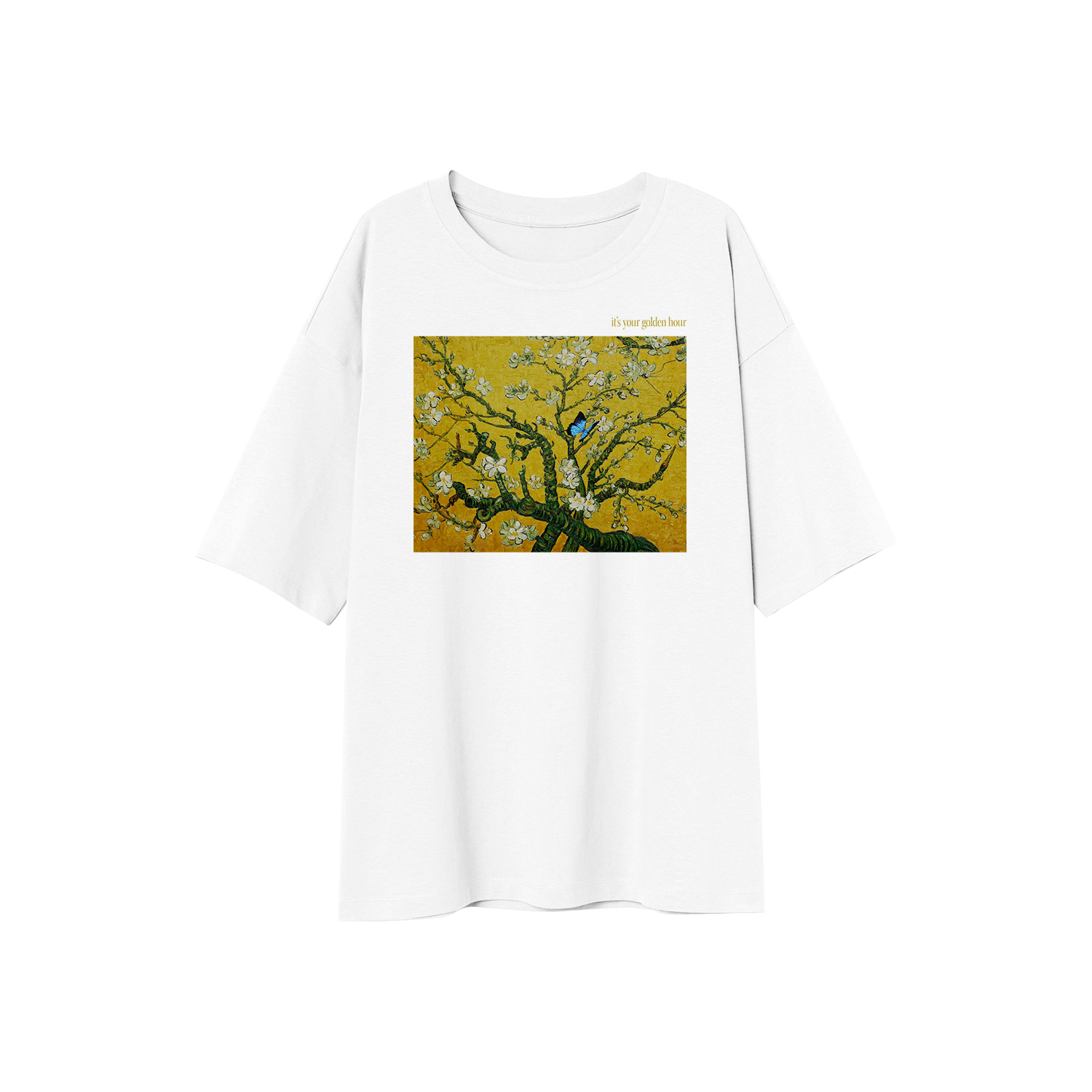 image of the front of a white tee shirt on a transparent background. tee is oversized and has a full center chest print of a golden yellow rectangle with a tree with white flowers and a blue bird.