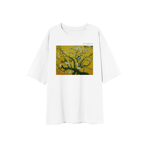 image of the front of a white tee shirt on a transparent background. tee is oversized and has a full center chest print of a golden yellow rectangle with a tree with white flowers and a blue bird.