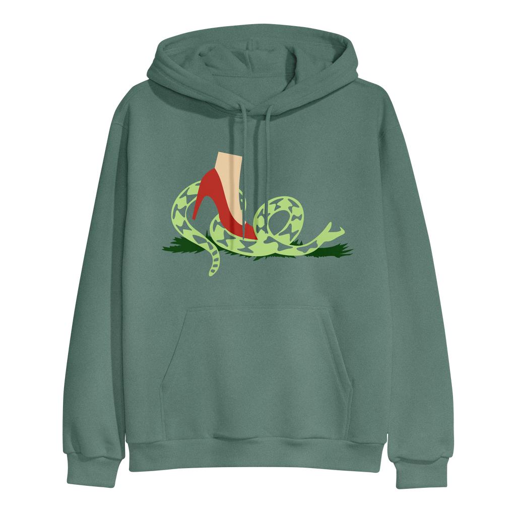image of an alpine green pullover hoodie on a transparent background. center chest print of a snake with a foot wearing a high heeled shoe stepping on it.