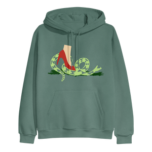 image of an alpine green pullover hoodie on a transparent background. center chest print of a snake with a foot wearing a high heeled shoe stepping on it.