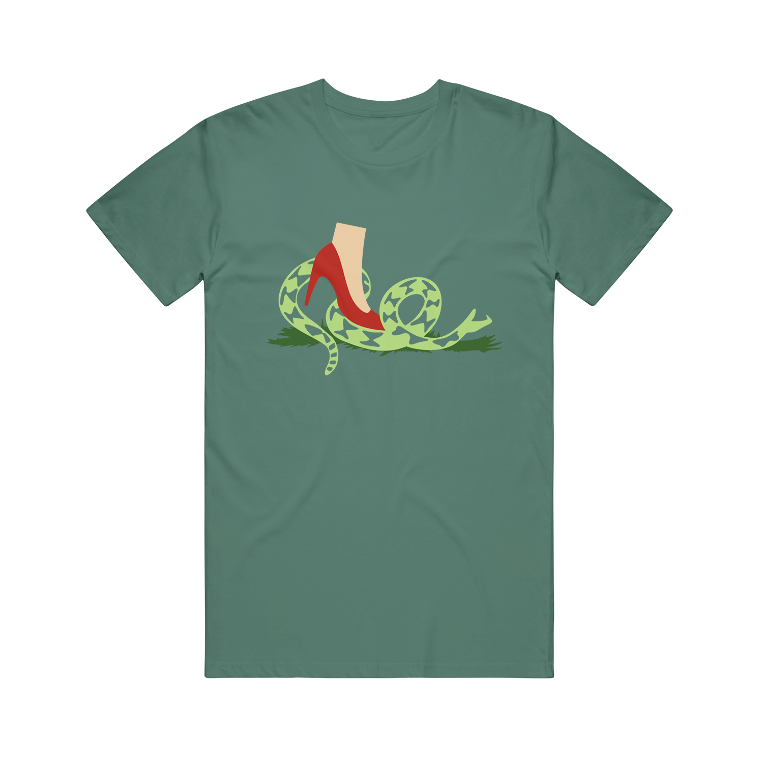 image of an alpine green tee shirt on a transparent background. center chest print of a snake with a foot wearing a high heeled shoe stepping on it.