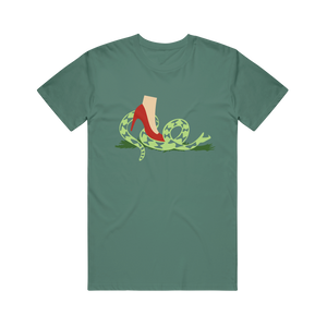 image of an alpine green tee shirt on a transparent background. center chest print of a snake with a foot wearing a high heeled shoe stepping on it.