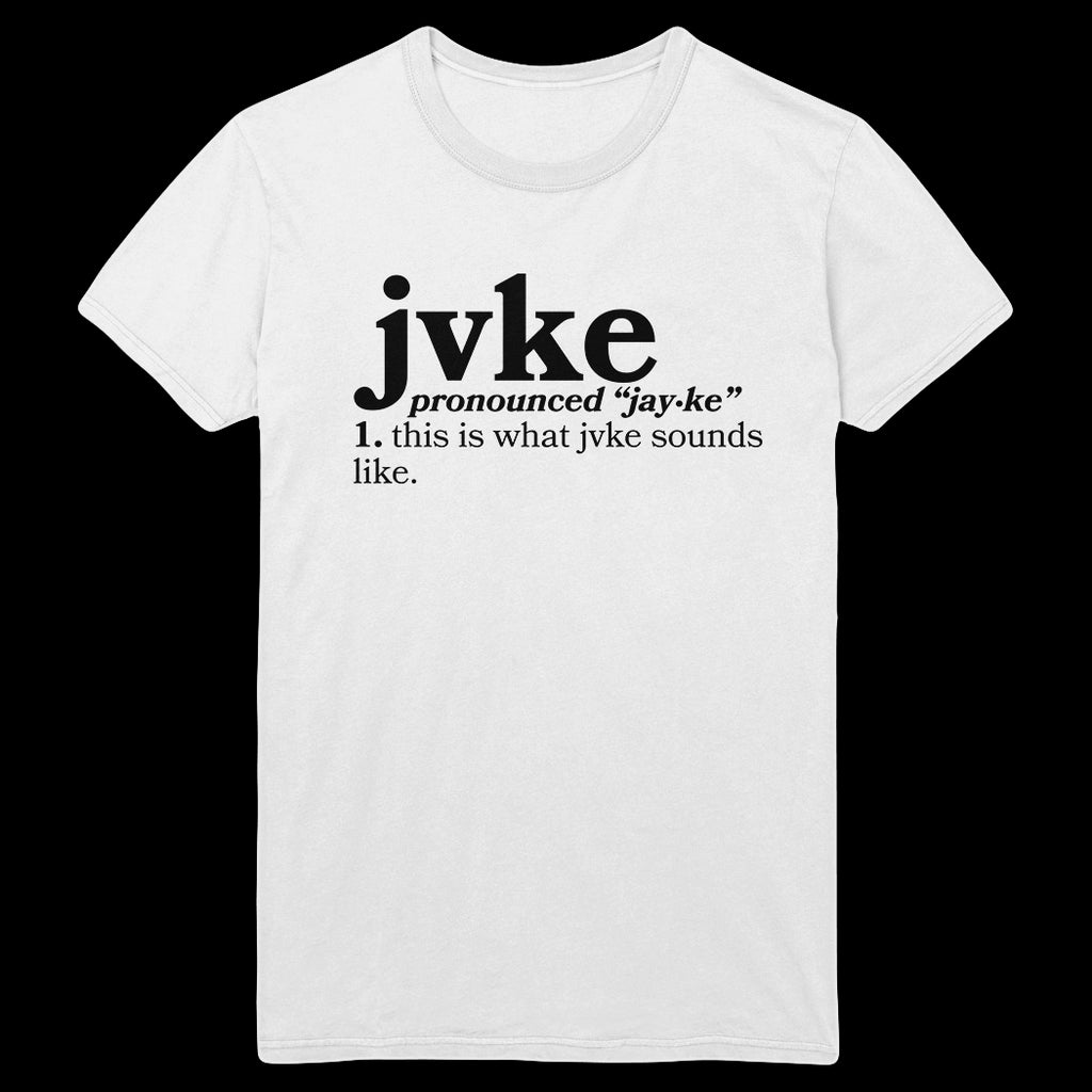 image of a white tee shirt on a transparent background. front of shirt has black print that says JVKE pronounced "jay-ke". 1 this is what jvke sounds like
